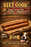 Advertisement for Reet Good Doggy Sausage Rolls with two sausage rolls on a wooden surface.