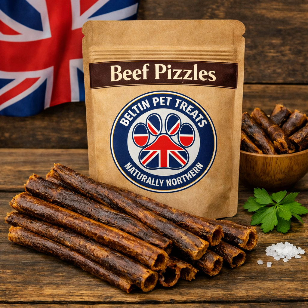 A kraft paper stand-up pouch labeled 'Beef Pizzles' by Beltin Pet Treats stands on a rustic wooden surface, with several beef jerky sticks placed in front, a small bowl of treats to the right, a green herb leaf, and a Union Jack flag blurred in the background.