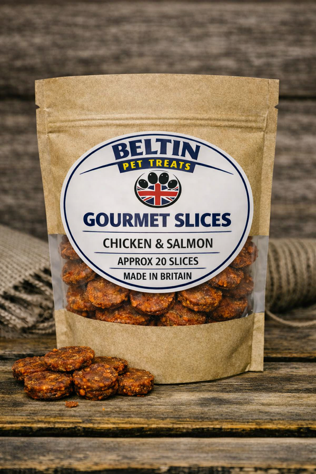 A stand-up kraft paper pouch of Beltin Gourmet Slices pet treats, labeled Chicken & Salmon, with several slices spilled in front on a rustic wooden surface.