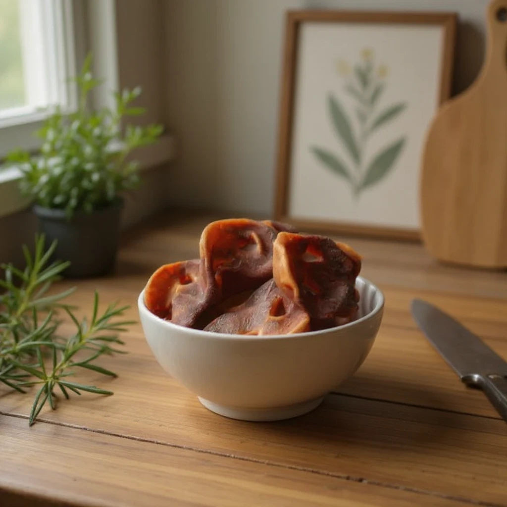 Beltin Pet Treats natural pig snout dog chews in a white bowl on a wooden table with rosemary sprigs