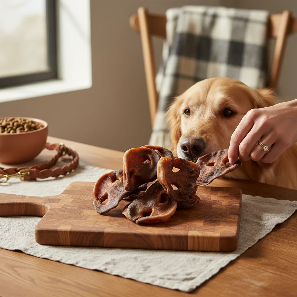 Beltin Pet Treats natural pig snout dog chews on a wooden board with a golden retriever waiting for a treat