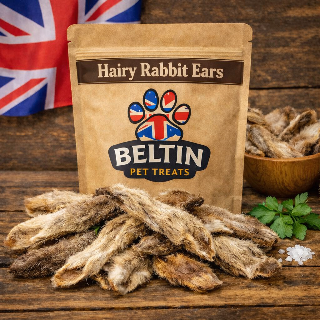 A stand-up pouch of Beltin Pet Treats labeled 'Hairy Rabbit Ears' stands on a rustic wooden surface with several rabbit ear treats piled in front. A small bowl of treats, parsley, and a Union Jack flag are visible in the background.