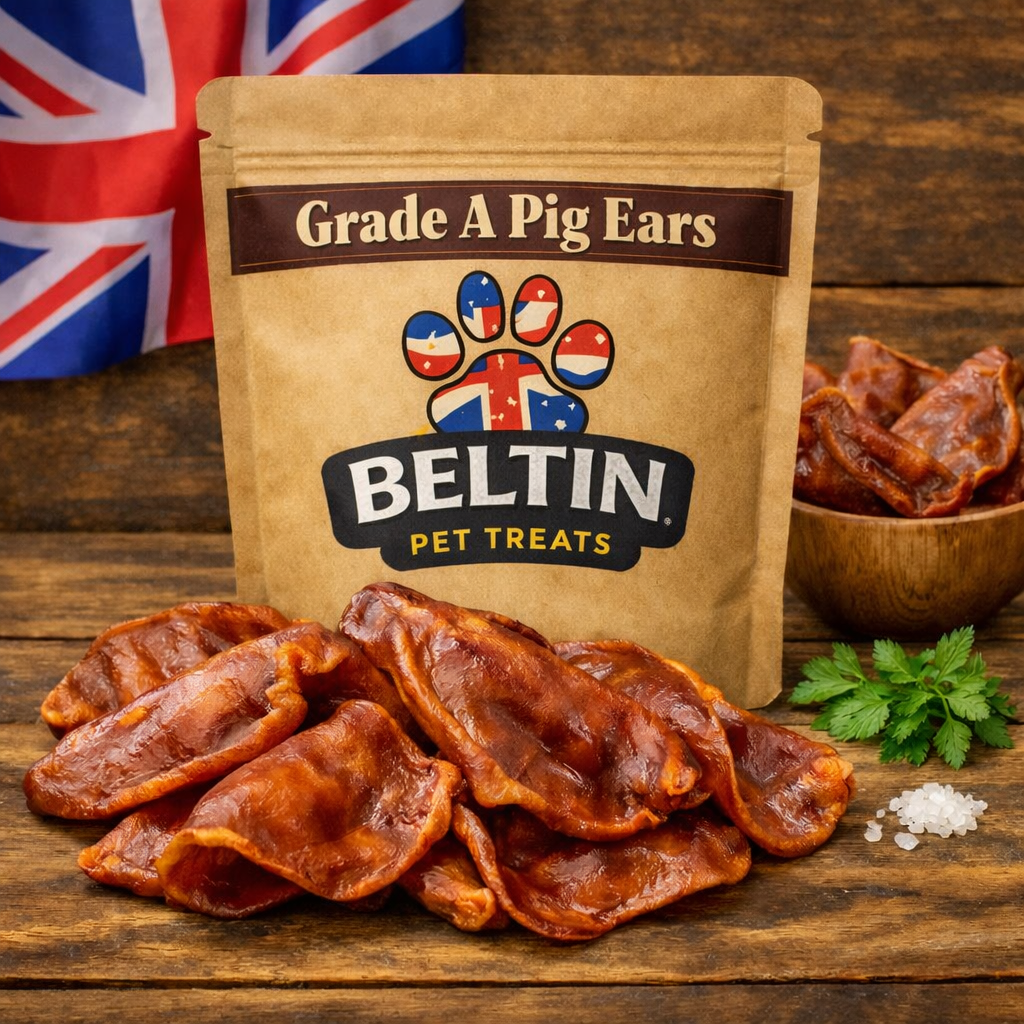 A stand-up pouch of Beltin Pet Treats labeled 'Grade A Pig Ears' stands on a rustic wooden surface with several glossy pig-ear treats in front, a small bowl of treats to the right, parsley, and coarse salt, plus a Union Jack flag in the background.