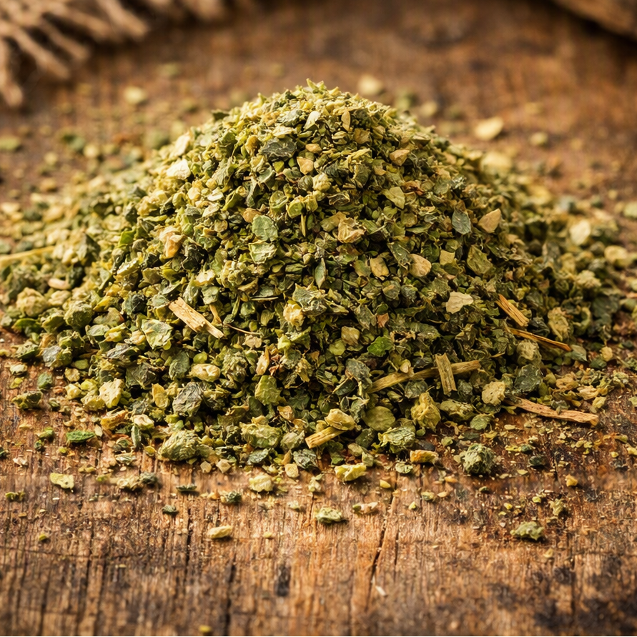 A small mound of coarse green herb or spice flakes sits on a rustic wooden surface with burlap in the background. 