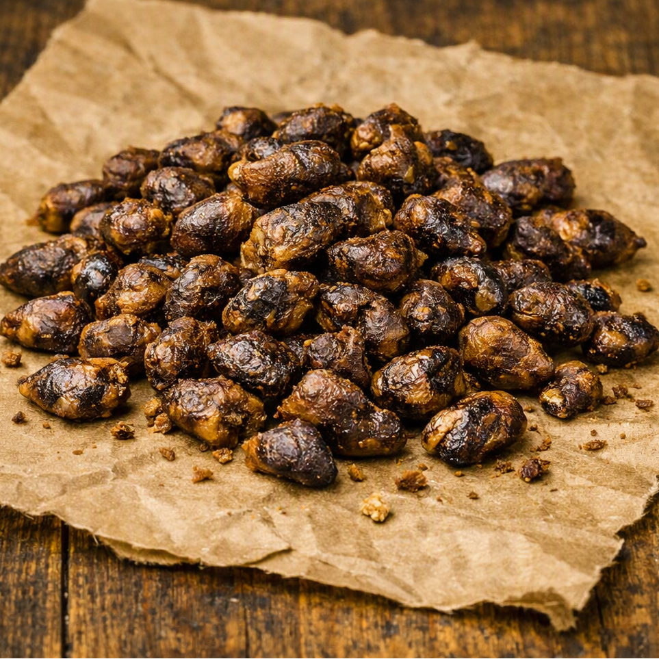 A pile of roasted, dark brown chickpeas or legumes on torn brown parchment paper over a rustic wooden surface.