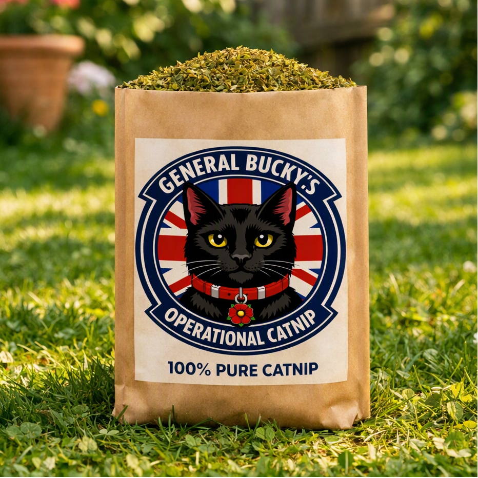 A brown paper bag filled with green catnip stands on grass in a garden. The front label reads "General Bucky's Operational Catnip" with a black cat illustration and "100% Pure Catnip" text.
